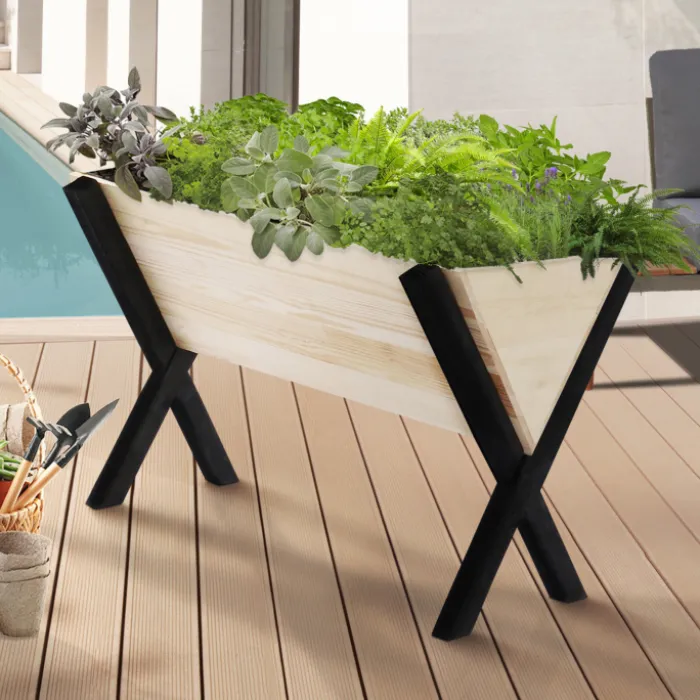Carré potager jardinière sur pieds bois et noir balcon / terrasse