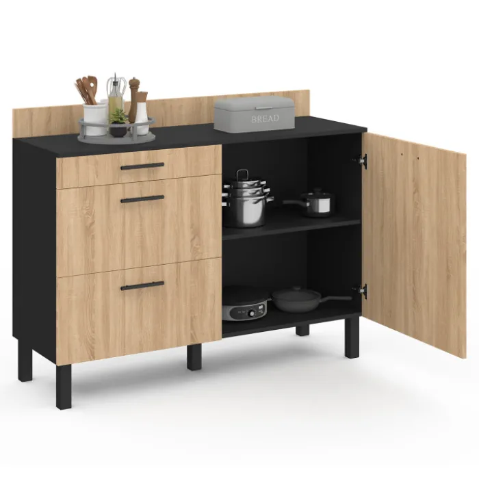Casserolier bois noir et façon hêtre 120 cm plan de travail H.83 cm 1 porte + 3 tiroirs