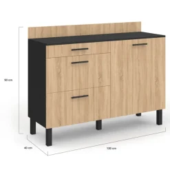 Casserolier bois noir et façon hêtre 120 cm plan de travail H.83 cm 1 porte + 3 tiroirs