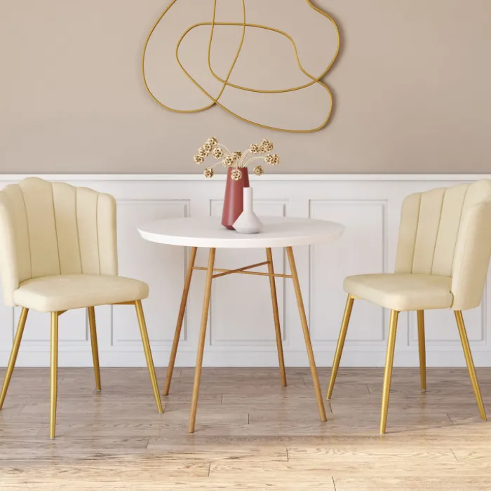 Chaises coquillages beiges en velours et pieds dorés