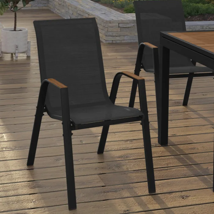 Chaises de jardin empilables noir et bois métal et textilène