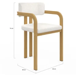 Chaises de salle à manger en métal effet bois et tissu blanc bouclette avec accoudoirs