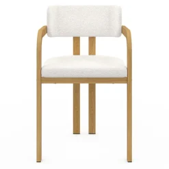 Chaises de salle à manger en métal effet bois et tissu blanc bouclette avec accoudoirs