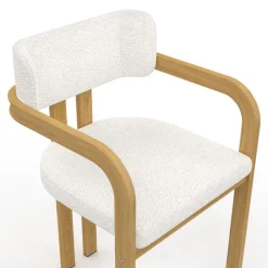 Chaises de salle à manger en métal effet bois et tissu blanc bouclette avec accoudoirs