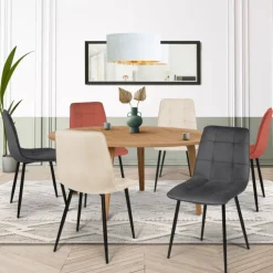 Chaises en velours multicolore terracotta, gris foncé et beige