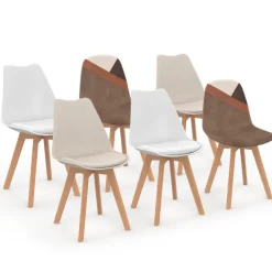 Chaises scandinaves beige, blanc et marron velours patchworks mix color
