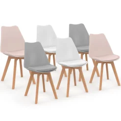 Chaises scandinaves rose pastel, gris, blanc avec coussin