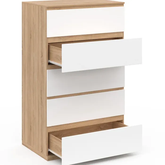 Chiffonier commode semainier bois façon hêtre et blanc 60 cm 5 tiroirs