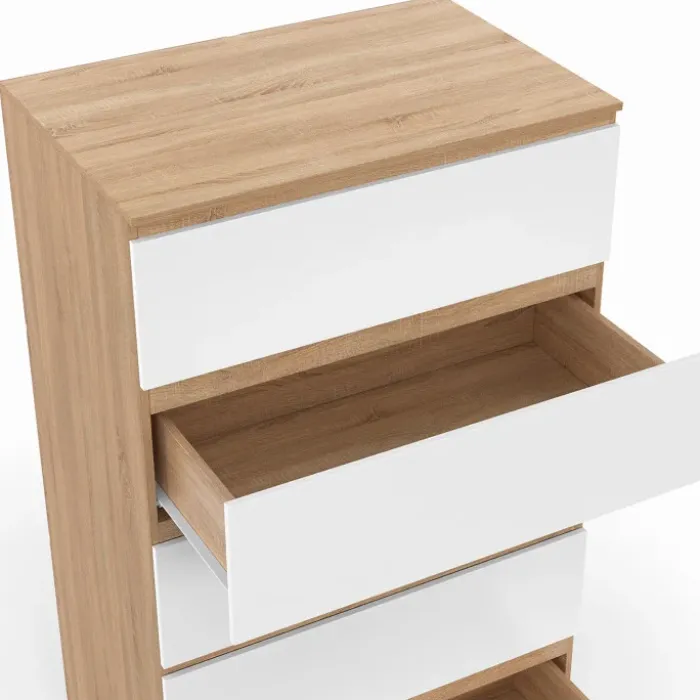 Chiffonier commode semainier bois façon hêtre et blanc 60 cm 5 tiroirs