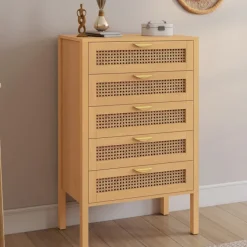 Chiffonier commode semainier cannage bois 5 tiroirs 60 cm