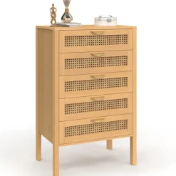 Chiffonier commode semainier cannage bois 5 tiroirs 60 cm
