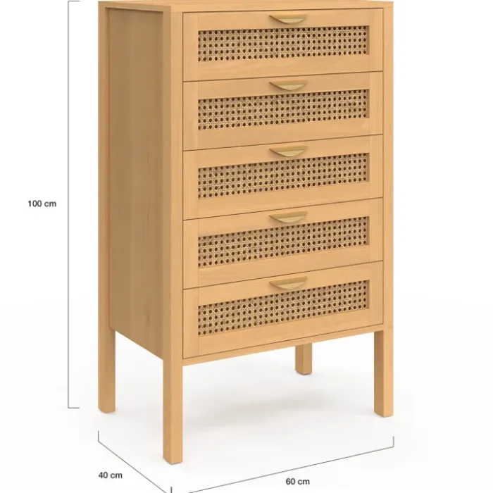 Chiffonier commode semainier cannage bois 5 tiroirs 60 cm