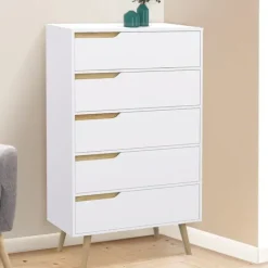 Chiffonnier 5 tiroirs bois et blanc style scandinave
