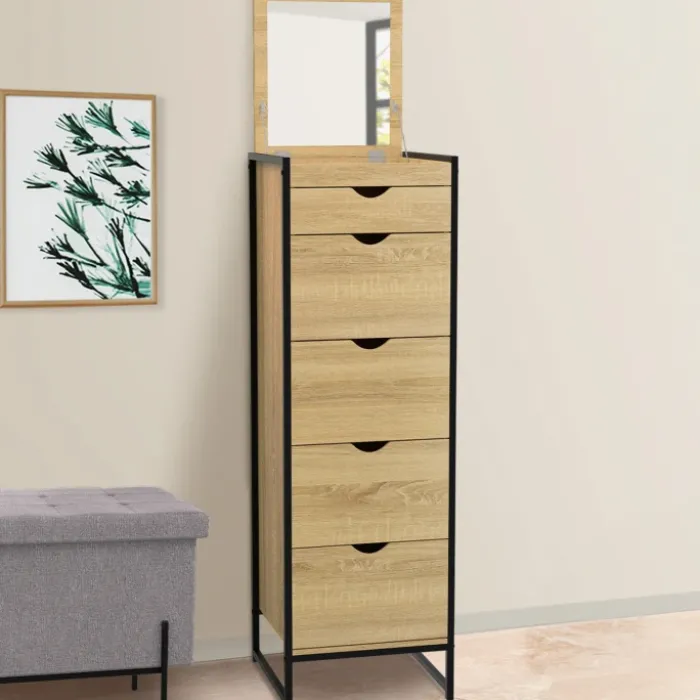 Chiffonnier industriel 40cm 5 tiroirs meuble d'entrée avec miroir