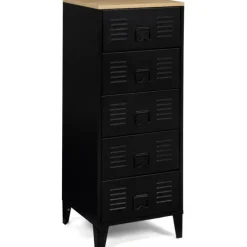 Chiffonnier industriel métal noir et imitation hêtre avec 5 tiroirs