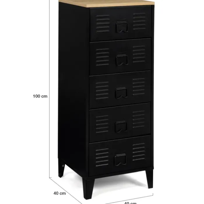 Chiffonnier industriel métal noir et imitation hêtre avec 5 tiroirs