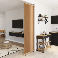 Cloison de séparation claustra 250 x 80 cm en tasseaux de bois coloris chêne
