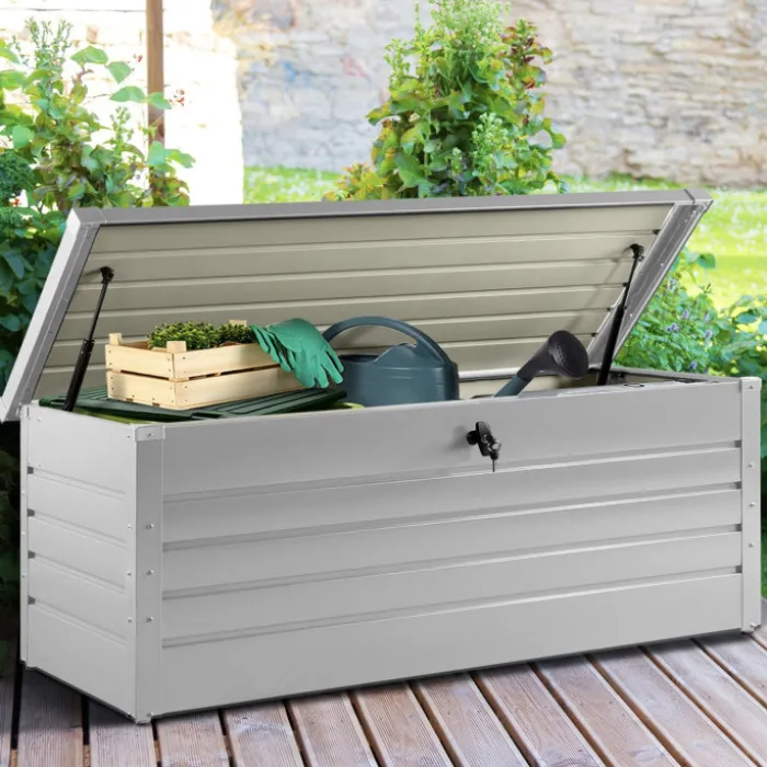 Coffre de rangement extérieur étanche en métal gris clair 600 L