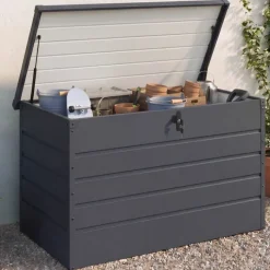 Coffre de rangement métal 810L verrouillable gris anthracite pour jardin 147x86x82 cm