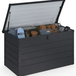 Coffre de rangement métal 810L verrouillable gris anthracite pour jardin 147x86x82 cm