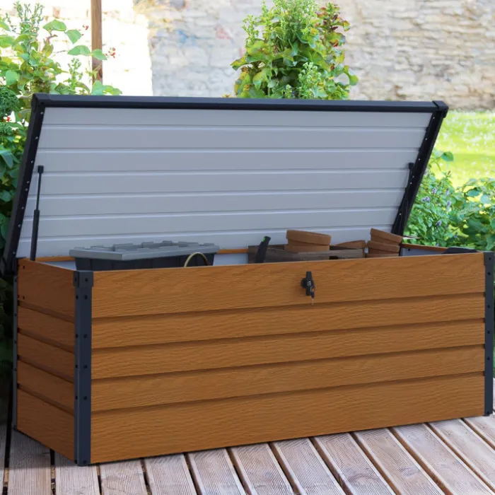 Coffre de rangement métal verrouillable effet bois et gris pour jardin 600L 165x70x63 cm