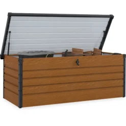 Coffre de rangement métal verrouillable effet bois et gris pour jardin 600L 165x70x63 cm