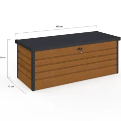 Coffre de rangement métal verrouillable effet bois et gris pour jardin 600L 165x70x63 cm