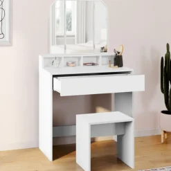 Coiffeuse 3 miroirs blanche avec 4 niches, 1 tiroir et tabouret