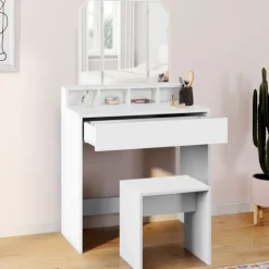 Coiffeuse 3 miroirs blanche avec 4 niches, 1 tiroir et tabouret