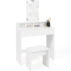 Coiffeuse 3 miroirs blanche avec 4 niches, 1 tiroir et tabouret