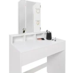 Coiffeuse 3 miroirs blanche avec 4 niches, 1 tiroir et tabouret
