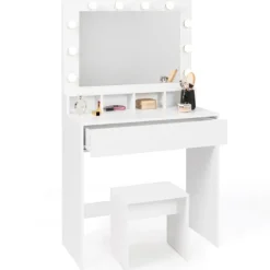 Coiffeuse avec miroir LED et tabouret, 4 niches, 1 tiroir