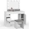Coiffeuse avec miroir LED blanche, niches, tiroirs, rangements et tabouret