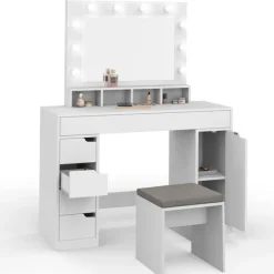 Coiffeuse avec miroir LED blanche, niches, tiroirs, rangements et tabouret