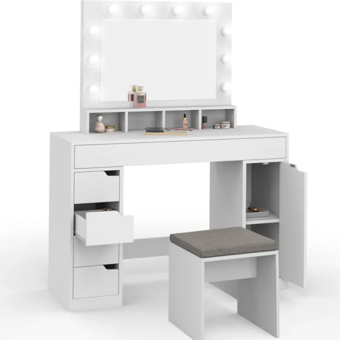 Coiffeuse avec miroir LED blanche, niches, tiroirs, rangements et tabouret