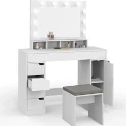Coiffeuse avec miroir LED blanche, niches, tiroirs, rangements et tabouret