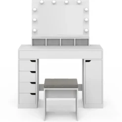 Coiffeuse avec miroir LED blanche, niches, tiroirs, rangements et tabouret