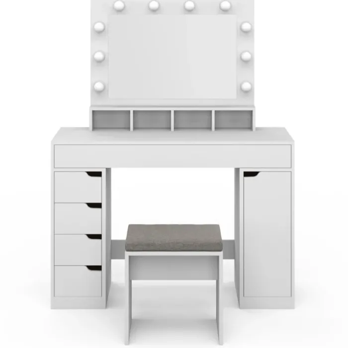 Coiffeuse avec miroir LED blanche, niches, tiroirs, rangements et tabouret