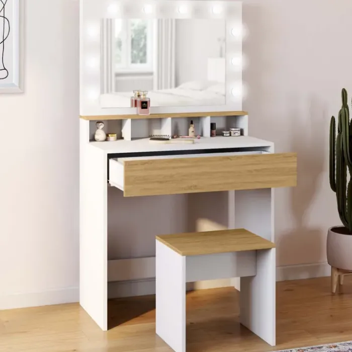 Coiffeuse avec miroir LED blanc et hêtre