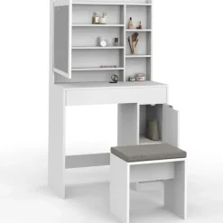 Coiffeuse blanche avec miroir LED et rangements