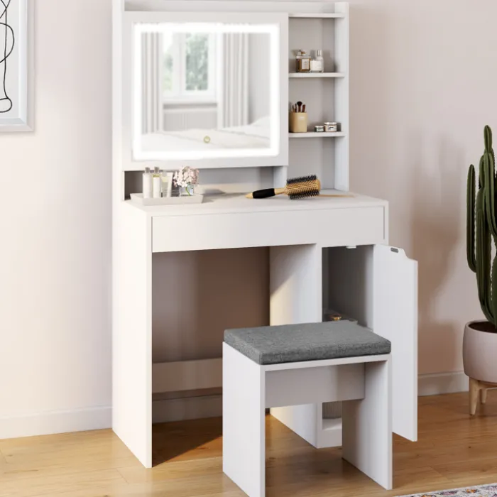 Coiffeuse blanche avec miroir LED et rangements