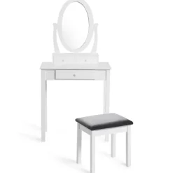 Coiffeuse blanche avec miroir et tabouret
