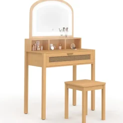 Coiffeuse bois et cannage avec miroir LED, niches, tiroir + tabouret