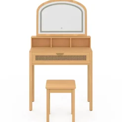 Coiffeuse bois et cannage avec miroir LED, niches, tiroir + tabouret