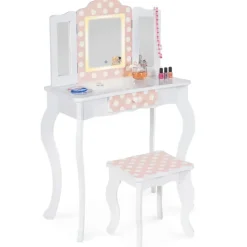 Coiffeuse enfant blanche et rose avec 3 miroirs et tabouret
