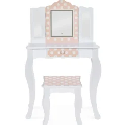 Coiffeuse enfant blanche et rose avec 3 miroirs et tabouret