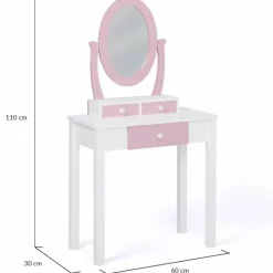 Coiffeuse enfant rose et blanche avec miroir et tabouret