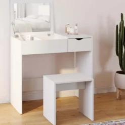 Coiffeuse miroir rabattable blanche 2 tiroirs et tabouret