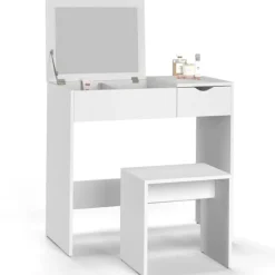 Coiffeuse miroir rabattable blanche 2 tiroirs et tabouret
