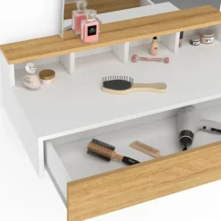 Coiffeuse suspendue miroir LED avec 4 niches, 1 tiroir bois et blanc